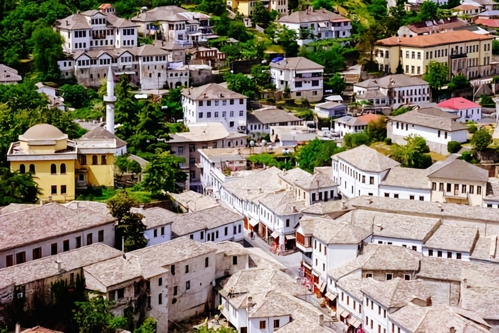 Gjirokastër stone city at sunset